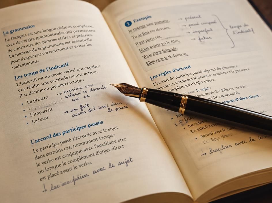 Stylo plume posé sur un manuel annoté